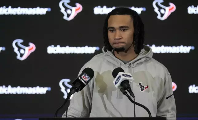 Houston Texans quarterback C.J. Stroud speaks during a news conference after an NFL football game against the Baltimore Ravens, Wednesday, Dec. 25, 2024, in Houston. (AP Photo/Eric Christian Smith)