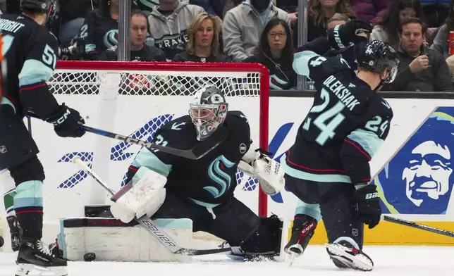 Seattle Kraken goaltender Philipp Grubauer blocks a shot as defenseman Jamie Oleksiak (24) defends against the Vancouver Canucks during the second period of an NHL hockey game Thursday, Jan. 2, 2025, in Seattle. (AP Photo/Lindsey Wasson)