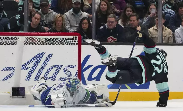 Vancouver Canucks goaltender Kevin Lankinen makes a save against Seattle Kraken right wing Oliver Bjorkstrand (22) during a shootout in an NHL hockey game Thursday, Jan. 2, 2025, in Seattle. The Canucks won 4-3 in a shootout. (AP Photo/Lindsey Wasson)