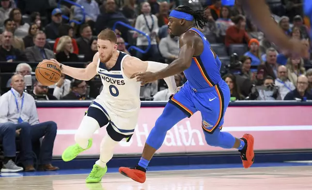 Minnesota Timberwolves guard Donte DiVincenzo, left, drives past Oklahoma CIty Thunder guard Luguentz Dort, right, during the second half of an NBA basketball game, Tuesday, Dec. 31, 2024, in Oklahoma City. (AP Photo/Kyle Phillips)