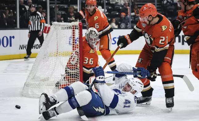 Tampa Bay Lightning right wing Mitchell Chaffee (41) and Anaheim Ducks center Isac Lundestrom (21) vie for the puck during the second period of an NHL hockey game Sunday, Jan. 5, 2025, in Anaheim, Calif. (AP Photo/William Liang)