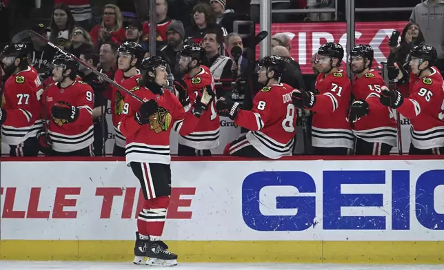 Chicago Blackhawks' Tyler Bertuzzi (59) celebrates with teammates at the bench after scoring a goal during the first period of an NHL hockey game against the Montreal Canadiens, Jan. 3, 2025, in Chicago. (AP Photo/Paul Beaty)