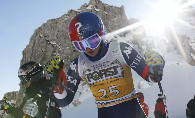 United States' Lauren Macuga gets ready for an alpine ski, women's World Cup downhill training, in Cortina d'Ampezzo, Italy, Friday, Jan. 17, 2025. (AP Photo/Alessandro Trovati)