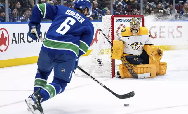 Nashville Predators goaltender Juuse Saros (74) watches as Vancouver Canucks Brock Boeser (6) prepares to shoot during the first period of an NHL hockey game, Friday, Jan. 3, 2025 in Vancouver, British Columbia. (Ethan Cairns/The Canadian Press via AP)