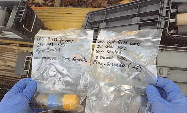 This image provided by U.S. Attorney’s Office, Eastern District of Virginia shows a stockpile of homemade explosives Federal agents seized when they arrested Brad Spafford, a Virginia man on a firearms charge in Dec. 2024. (U.S. Attorney’s Office, Eastern District of Virginia via AP)