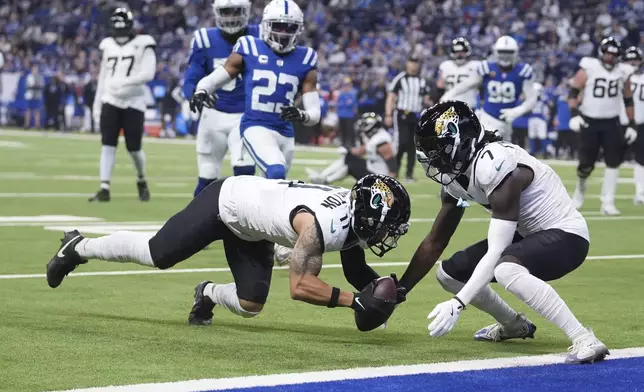 Jacksonville Jaguars wide receiver Parker Washington (11) recovers his fumble and scores a one-yard touchdown as wide receiver Brian Thomas Jr. (7) moves in during the second half of an NFL football game against the Indianapolis Colts, Sunday, Jan. 5, 2025, in Indianapolis. (AP Photo/Michael Conroy)