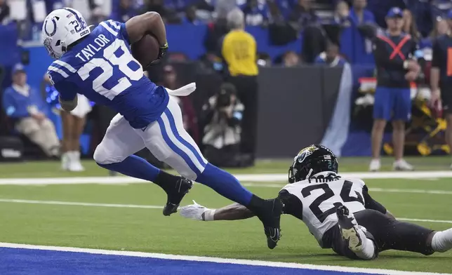 Indianapolis Colts running back Jonathan Taylor (28) runs for a touchdown past Jacksonville Jaguars cornerback De'Antre Prince (24) during the first half of an NFL football game, Sunday, Jan. 5, 2025, in Indianapolis. (AP Photo/Michael Conroy)