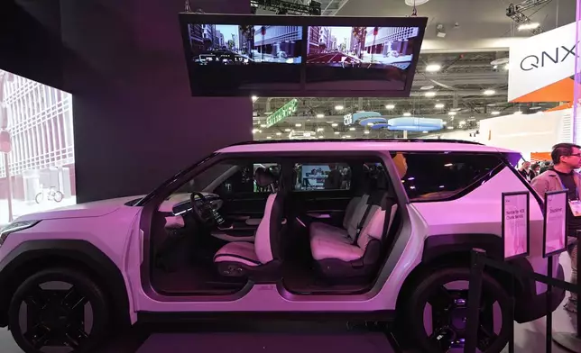 A Holographic Windshield display exhibit is on display at the Hyundai Mobis booth during the CES tech show Tuesday, Jan. 7, 2025, in Las Vegas. (AP Photo/John Locher)