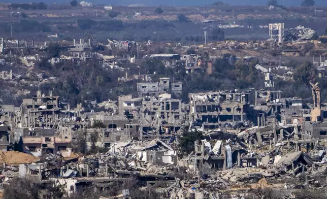 Destroyed buildings stand inside the Gaza Strip, as seen from southern Israel, Tuesday, Jan. 7, 2025. (AP Photo/Ariel Schalit)