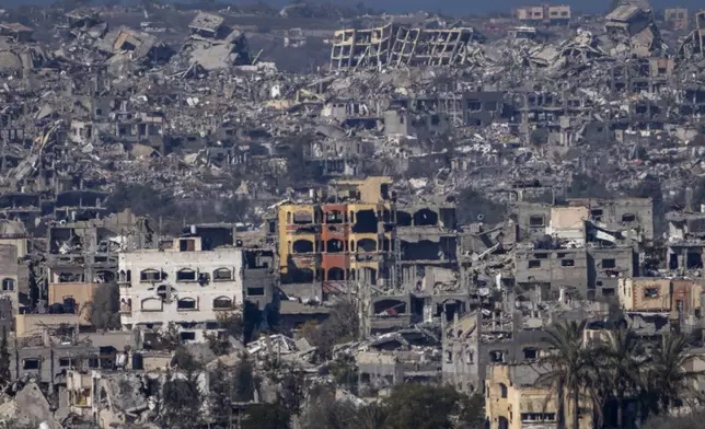 Destroyed buildings stand inside the Gaza Strip, as seen from southern Israel, Tuesday, Jan. 7, 2025. (AP Photo/Ariel Schalit)