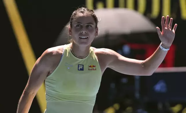 Emma Navarro of the U.S. reacts after defeating Peyton Stearns in their first round match at the Australian Open tennis championship in Melbourne, Australia, Tuesday, Jan. 14, 2025. (AP Photo/Ng Han Guan)