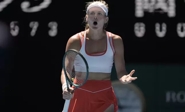 Peyton Stearns of the U.S. reacts during her first round match against Emma Navarro of the U.S. at the Australian Open tennis championship in Melbourne, Australia, Tuesday, Jan. 14, 2025. (AP Photo/Ng Han Guan)