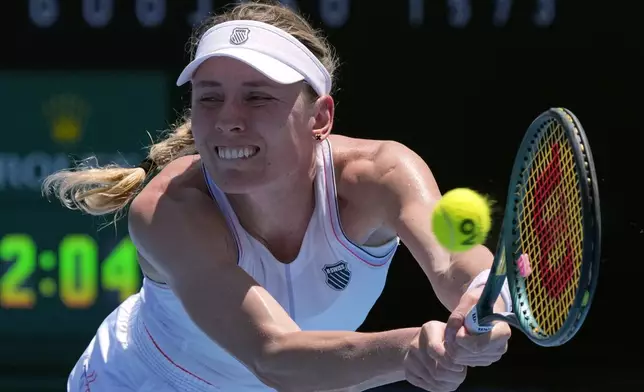 Ekaterina Alexandrova of Russia plays a backhand return to Emma Raducanu of Britain during their first round match at the Australian Open tennis championship in Melbourne, Australia, Tuesday, Jan. 14, 2025. (AP Photo/Manish Swarup)
