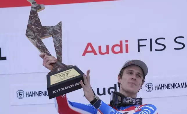 The winner France's Clement Noel celebrates after an alpine ski, men's World Cup slalom in Kitzbühel, Austria, Sunday, Jan. 26, 2025. (AP Photo/Giovanni Auletta)