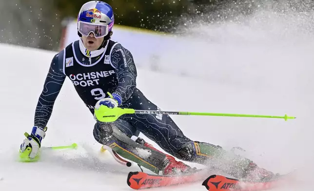 Brazil's Lucas Pinheiro Braathen competes in an alpine ski, men's World Cup slalom, in Wengen, Switzerland, Sunday, Jan. 19, 2025. (Jean-Christophe Bott/Keystone via AP)