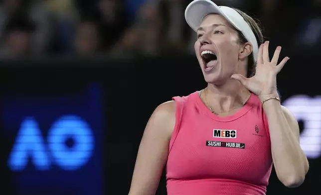 Danielle Collins of the U.S. reacts after defeating Destanee Aiava of Australia in their second round match at the Australian Open tennis championship in Melbourne, Australia, Thursday, Jan. 16, 2025. (AP Photo/Manish Swarup)