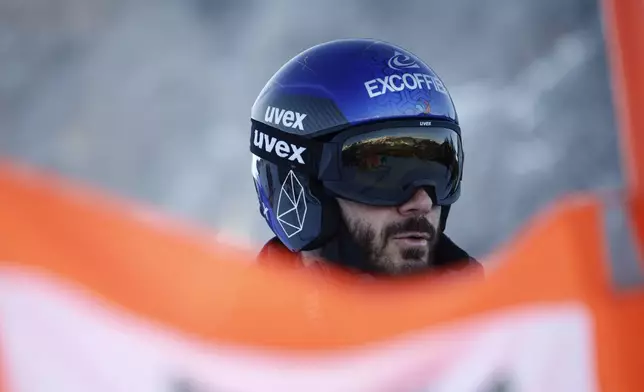 France's Cyprien Sarrazin looks on ahead of an alpine ski, men's World Cup downhill, in Val Gardena, Italy, Saturday, Dec. 21, 2024. (AP Photo/Gabriele Facciotti)