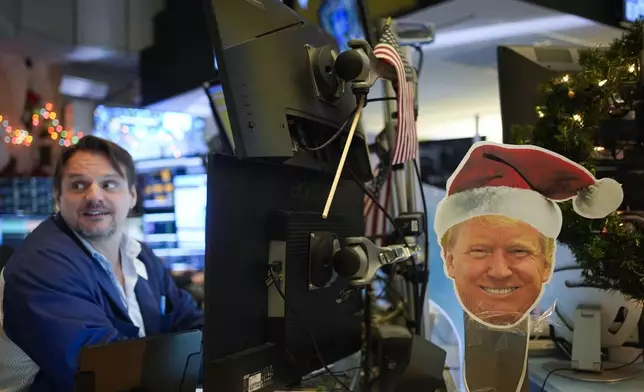 A cut-out of president-elect Donald Trump is displayed on the floor at the New York Stock Exchange in New York's Financial District Thursday, Jan. 2, 2025. (AP Photo/Seth Wenig)