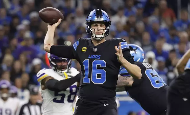 Detroit Lions quarterback Jared Goff (16) throws against the Minnesota Vikings during the first half of an NFL football game Sunday, Jan. 5, 2025, in Detroit. (AP Photo/Rey Del Rio)