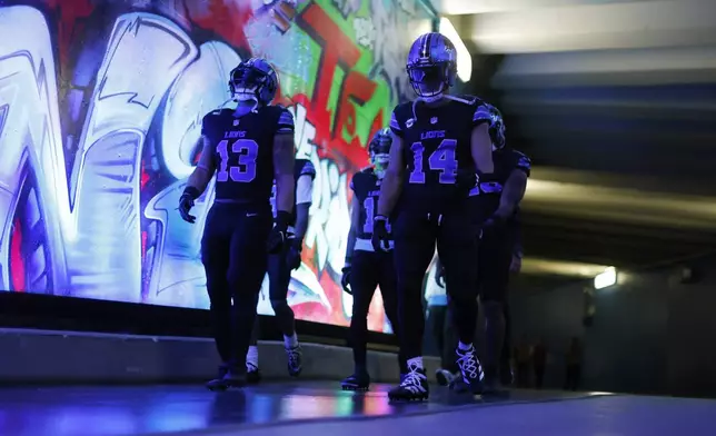 Detroit Lions running back Craig Reynolds (13) and wide receiver Amon-Ra St. Brown (14) walk to the field before an NFL football game against the Minnesota Vikings, Sunday, Jan. 5, 2025, in Detroit. (AP Photo/Rey Del Rio)