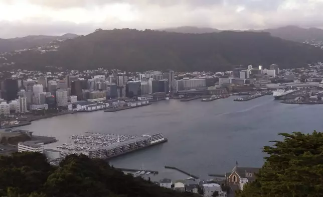 A ferry is docket, top right, in Wellington's harbor, New Zealand, on Tuesday, Jan. 7, 2025. (AP Photo/Charlotte Graham-McLay)