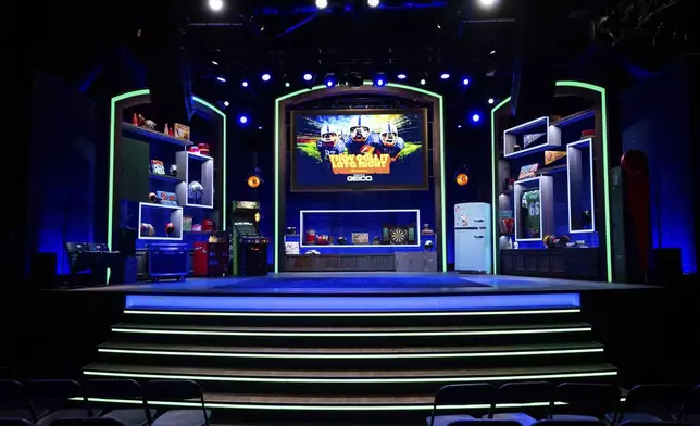 The stage is ready for the taping of "They Call It Late Night with Jason Kelce", Friday, Jan. 3, 2025, in Philadelphia. (AP Photo/Chris Szagola)