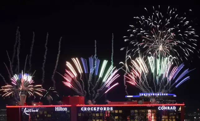 Fireworks explode over the Las Vegas Strip during a New Year's Eve celebration Wednesday, Jan. 1, 2025, in Las Vegas. (AP Photo/David Becker)