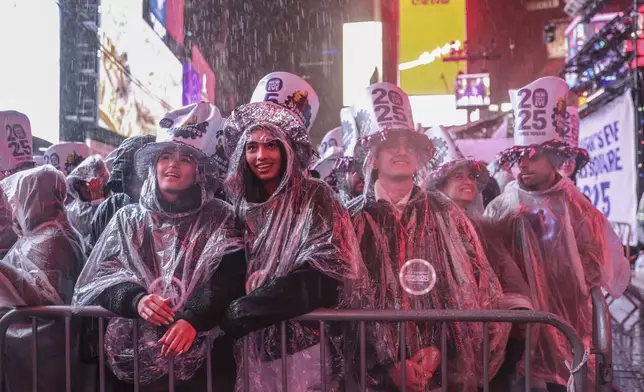 Revelers wear hats and ponchos as they dance in the rain during the annual New Year's Eve celebration in Times Square, Tuesday, Dec. 31, 2024, in New York. (AP Photo/Heather Khalifa)