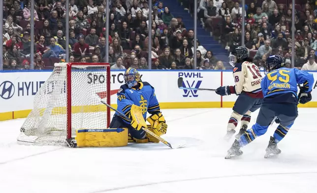 Montreal Victoire's Mikyla Grant-Mentis (18), scores on Toronto Sceptres goaltender Kristen Campbell (50) as Rylind Mackinnon (55) watches during first period PWHL hockey action in Vancouver, on Wednesday, January 8, 2025. (Ethan Cairns/The Canadian Press via AP)