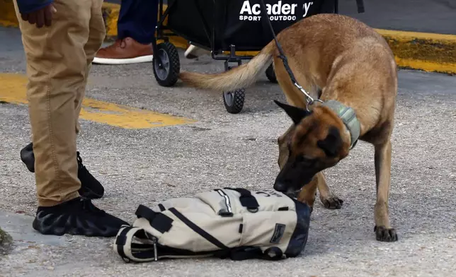 Security and bomb sniffing dogs check backpacks before entering the Superdome ahead of the Sugar Bowl NCAA College Football Playoff game, Thursday, Jan. 2, 2025, in New Orleans. (AP Photo/Butch Dill)