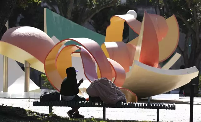 Manuel Rodriguez, 62, who is homeless, drinks a hot cup of coffee while he sits on a park bench with his belongings as temperatures are forecast to be in the forties this evening Wednesday, Jan. 8, 2025, in Miami. (AP Photo/Lynne Sladky)