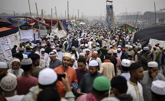 Muslim devotees gather during the first phase of the three-day Biswa Ijtema, or the World Congregation of Muslims, at the banks of the Turag river in Tongi, near Dhaka, Bangladesh, Friday, Jan. 31, 2025. (AP Photo/Mahmud Hossain Opu)