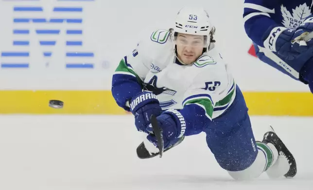 Vancouver Canucks' Teddy Blueger (53) passes the puck as Toronto Maple Leafs' Auston Matthews, right, defends on during the first period of an NHL hockey game in Toronto, Saturday, Jan. 11, 2025. (Frank Gunn/The Canadian Press via AP)