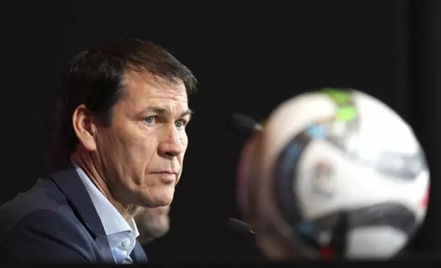 Newly appointed coach for Belgium's national team Red Devils, Rudi Garcia, addresses a media conference in Tubize, Belgium, Friday, Jan. 24, 2025. (AP Photo/Virginia Mayo)