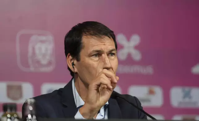 Newly appointed coach for Belgium's national team Red Devils, Rudi Garcia, addresses a media conference in Tubize, Belgium, Friday, Jan. 24, 2025. (AP Photo/Virginia Mayo)