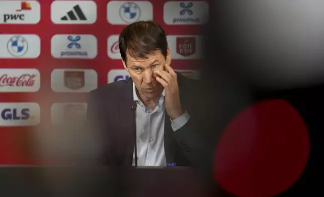 Newly appointed coach for Belgium's national team Red Devils, Rudi Garcia, addresses a media conference in Tubize, Belgium, Friday, Jan. 24, 2025. (AP Photo/Virginia Mayo)