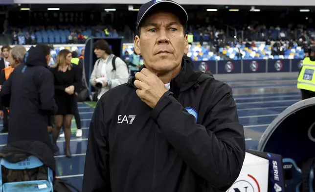 FILE - Napoli coach Rudi Garcia walks on the pitch ahead of the Serie A soccer match between Napoli and Empoli at the Diego Armando Maradona stadium in Naples, Italy, Sunday, Nov. 12, 2023. (Alessandro Garofalo/LaPresse via AP, File)