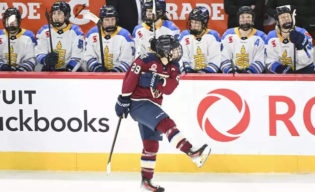 Montreal Victoire's Marie-Philip Poulin (29) reacts after scoring against Toronto Sceptres goaltender Kristen Campbell (not shown) during shootout PWHL hockey game action in Laval, Quebec, Thursday, Jan. 30, 2025. (Graham Hughes/The Canadian Press via AP)