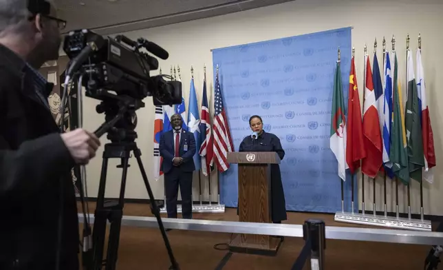 Democratic Republic of the Congo's State Minister, Minister of Foreign Affairs, International Cooperation and Francophonie Thérèse Kayikwamba Wagner speaks during a press conference at the United Nations headquarters, Sunday, Jan. 26, 2025. (AP Photo/Yuki Iwamura)