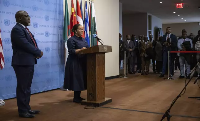 Democratic Republic of the Congo's State Minister, Minister of Foreign Affairs, International Cooperation and Francophonie Thérèse Kayikwamba Wagner speaks during a press conference at the United Nations headquarters, Sunday, Jan. 26, 2025. (AP Photo/Yuki Iwamura)