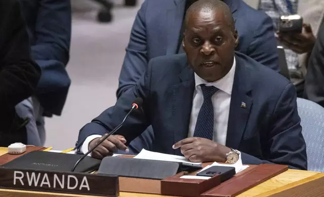 Rwanda's Ambassador and Permanent Representative to the United Nations Ernest Rwamucyo speaks during a Security Council meeting at the United Nations headquarters, Sunday, Jan. 26, 2025. (AP Photo/Yuki Iwamura)