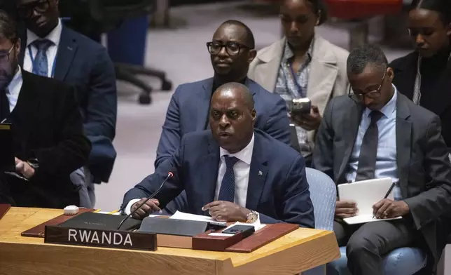 Rwanda's Ambassador and Permanent Representative to the United Nations Ernest Rwamucyo speaks during a Security Council meeting at the United Nations headquarters, Sunday, Jan. 26, 2025. (AP Photo/Yuki Iwamura)