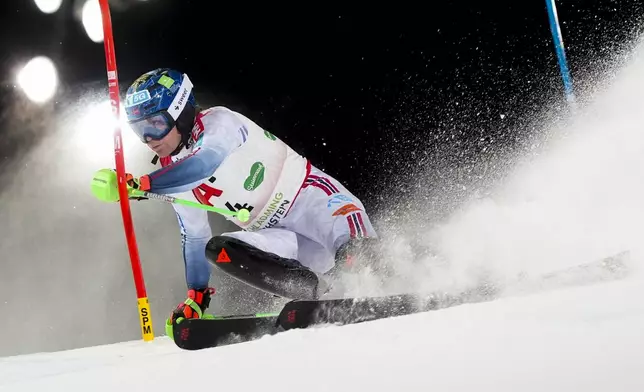 Norway's Timon Haugan competes during an alpine ski, men's World Cup slalom, in Schladming, Austria, Wednesday, Jan. 29, 2025. (AP Photo/Giovanni Auletta)