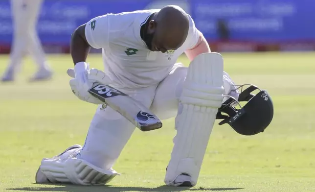 South Africa's Temba Bavuma celebrates his century during the second test match between South Africa and Pakistan in Cape Town, South Africa, Friday, Jan. 3, 2025. (AP Photo/Halden Krog)