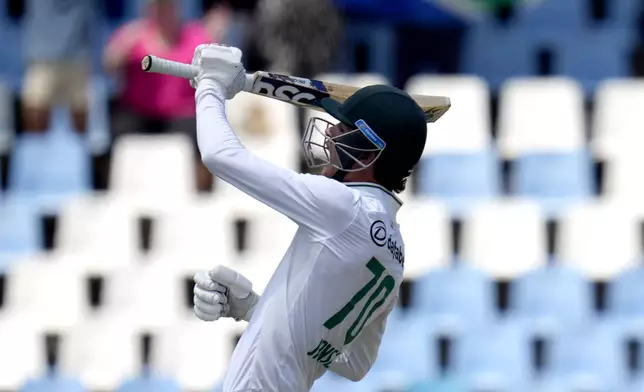 South Africa's Marco Jansen celebrates after scoring the winning runs following the day four of the Test cricket match between South Africa and Pakistan, at the Centurion Park in Centurion, South Africa, Sunday, Dec. 29, 2024. (AP Photo/Themba Hadebe)