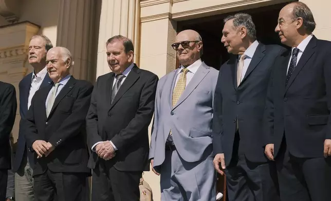 Former Venezuelan opposition presidential candidate Edmundo Gonzalez, third from left, stands with former presidents, from left, Vicente Fox of Mexico, Andres Pastrana of Colombia, Hipolito Mejia of the Dominican Republic, Jamil Mahuad of Ecuador and Felipe Calderon of Mexico at the presidential palace in Santo Domingo, Dominican Republic, Thursday, Jan. 9, 2025. (AP PhotoRicardo Hernandez)