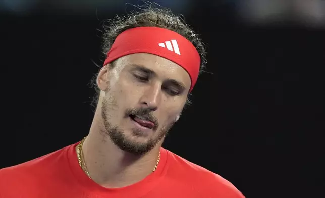 Alexander Zverev of Germany reacts during the men's singles final against Jannik Sinner of Italy at the Australian Open tennis championship in Melbourne, Australia, Sunday, Jan. 26, 2025. (AP Photo/Asanka Brendon Ratnayake)