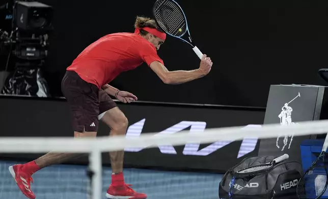Alexander Zverev of Germany reacts after losing the second set during the men's singles final against Jannik Sinner of Italy at the Australian Open tennis championship in Melbourne, Australia, Sunday, Jan. 26, 2025. (AP Photo/Asanka Brendon Ratnayake)