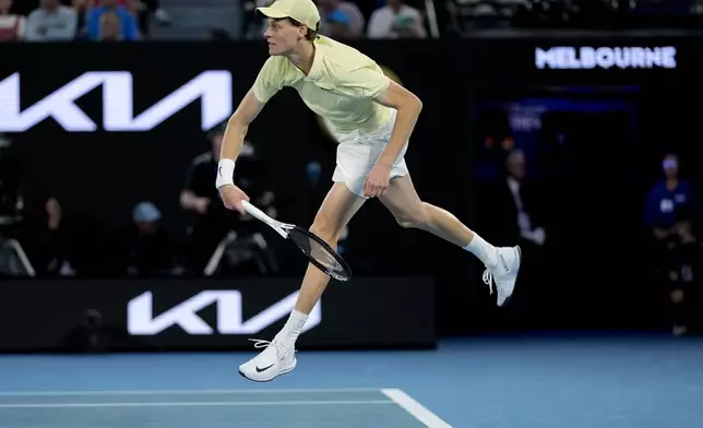 Jannik Sinner of Italy serves to Alexander Zverev of Germany during the men's singles final at the Australian Open tennis championship in Melbourne, Australia, Sunday, Jan. 26, 2025. (AP Photo/Asanka Brendon Ratnayake)