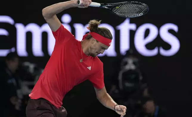 Alexander Zverev of Germany reacts during the men's singles final against Jannik Sinner of Italy at the Australian Open tennis championship in Melbourne, Australia, Sunday, Jan. 26, 2025. (AP Photo/Ng Han Guan)